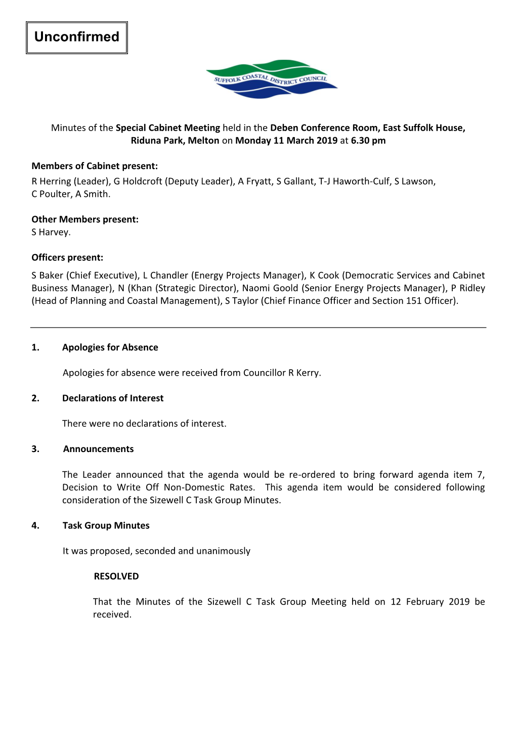 Minutes of the Cabinet Meeting Held at the Council Chamber, Woodbridge