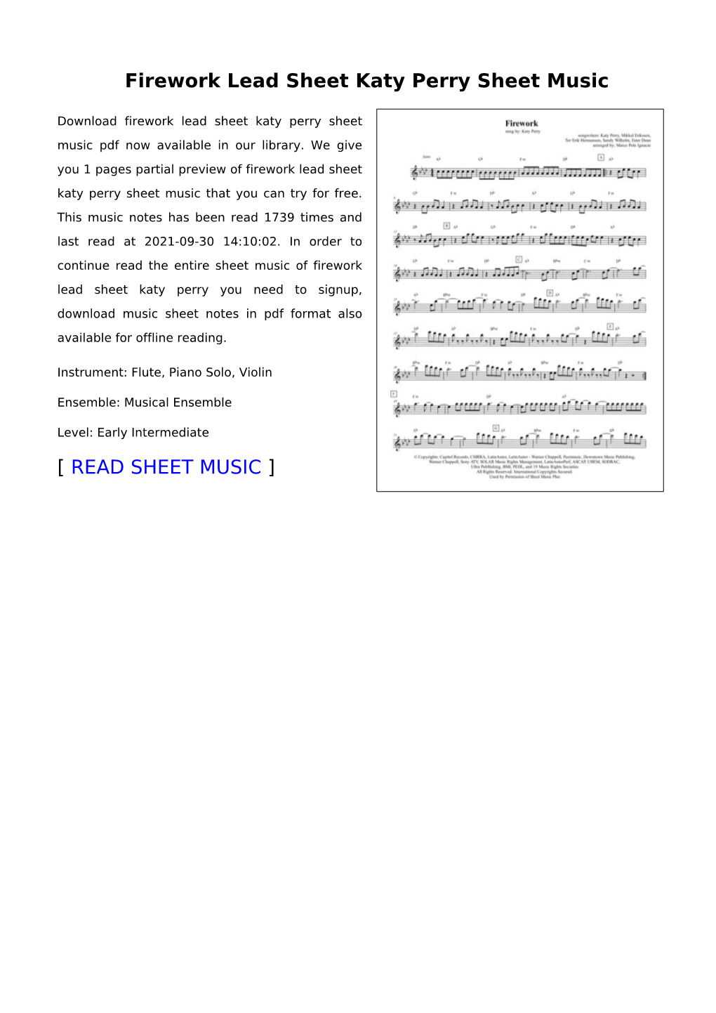 Firework Lead Sheet Katy Perry Sheet Music