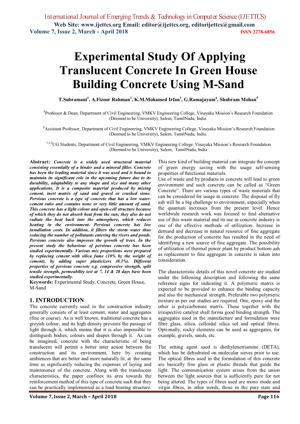 Experimental Study of Applying Translucent Concrete in Green House Building Concrete Using M-Sand