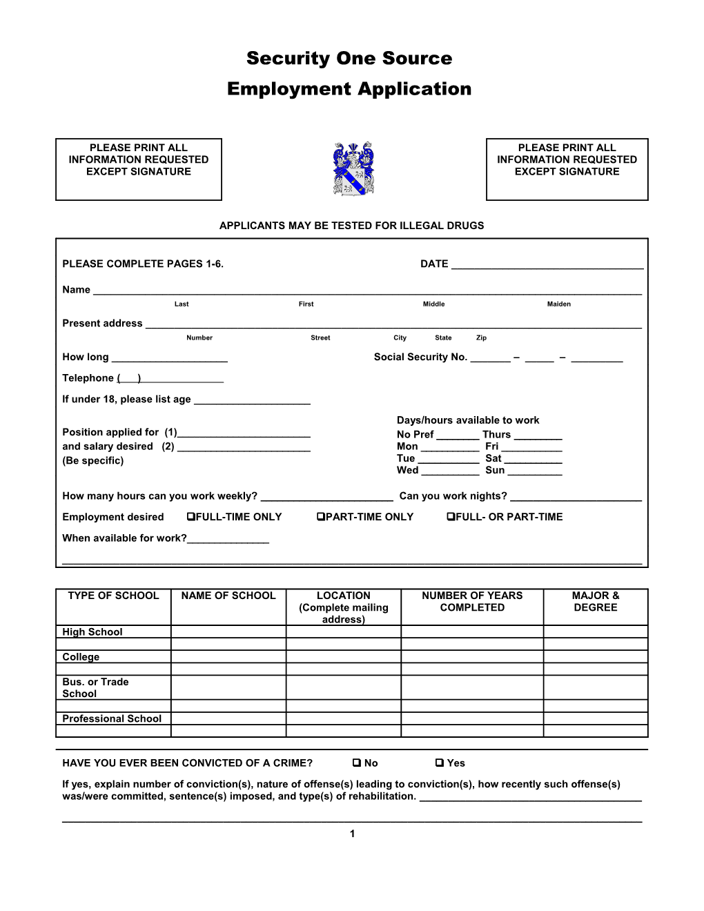 Maryland Metropolitan Security Employment Application Form