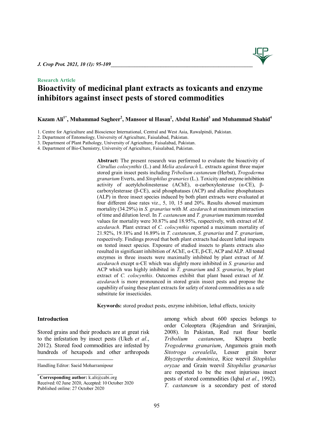 Bioactivity of Medicinal Plant Extracts As Toxicants and Enzyme Inhibitors Against Insect Pests of Stored Commodities