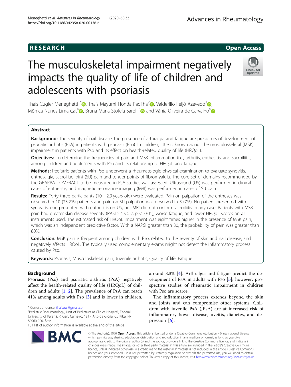 The Musculoskeletal Impairment Negatively Impacts the Quality of Life of Children and Adolescents with Psoriasis