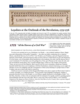 Loyalists at the Outbreak of the Revolution, 1775-1776