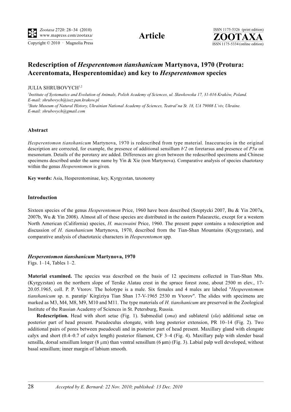 Redescription of Hesperentomon Tianshanicum Martynova, 1970 (Protura: Acerentomata, Hesperentomidae) and Key to Hesperentomon Species