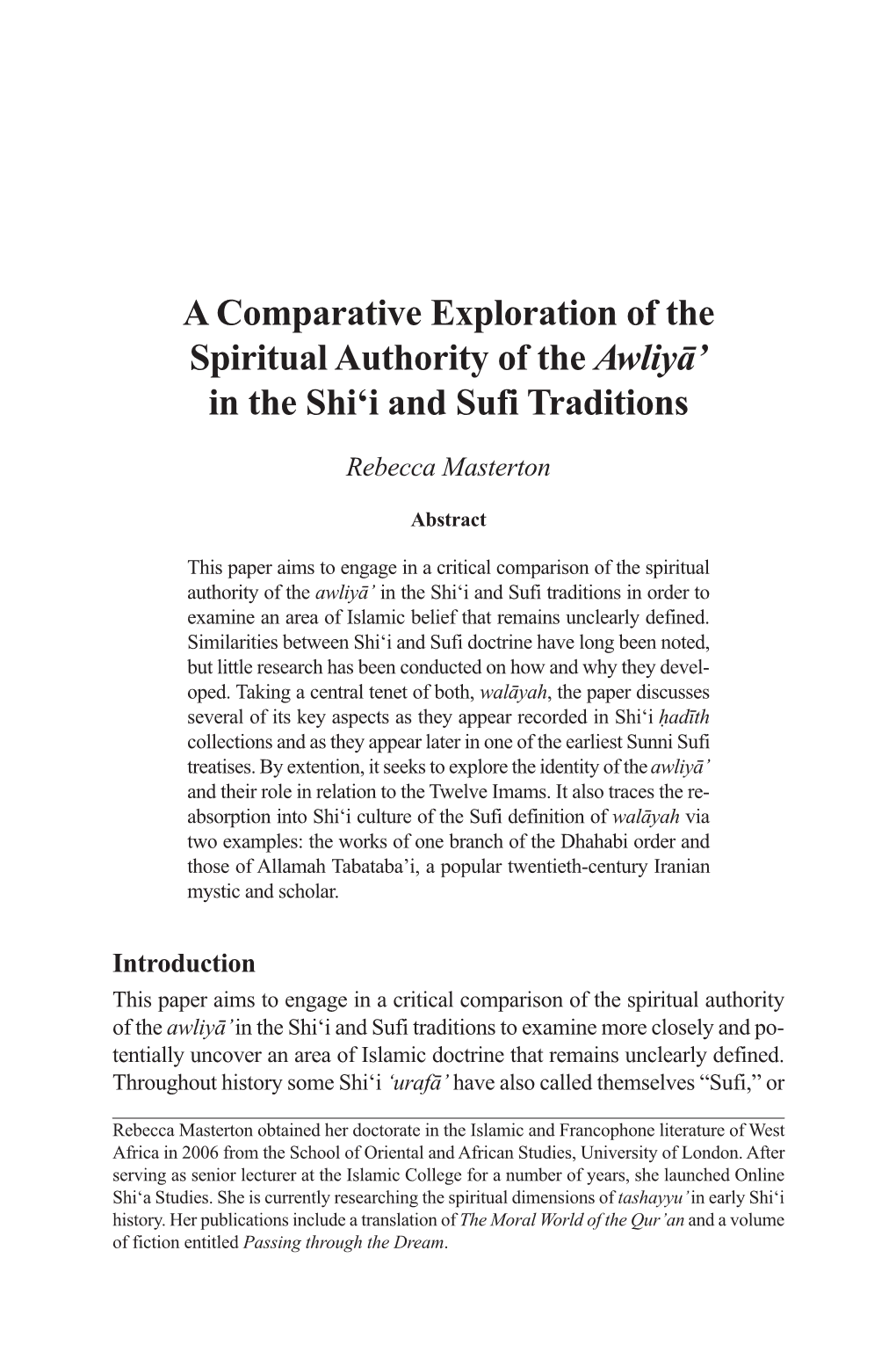 A Comparative Exploration of the Spiritual Authority of the Awliyā' In