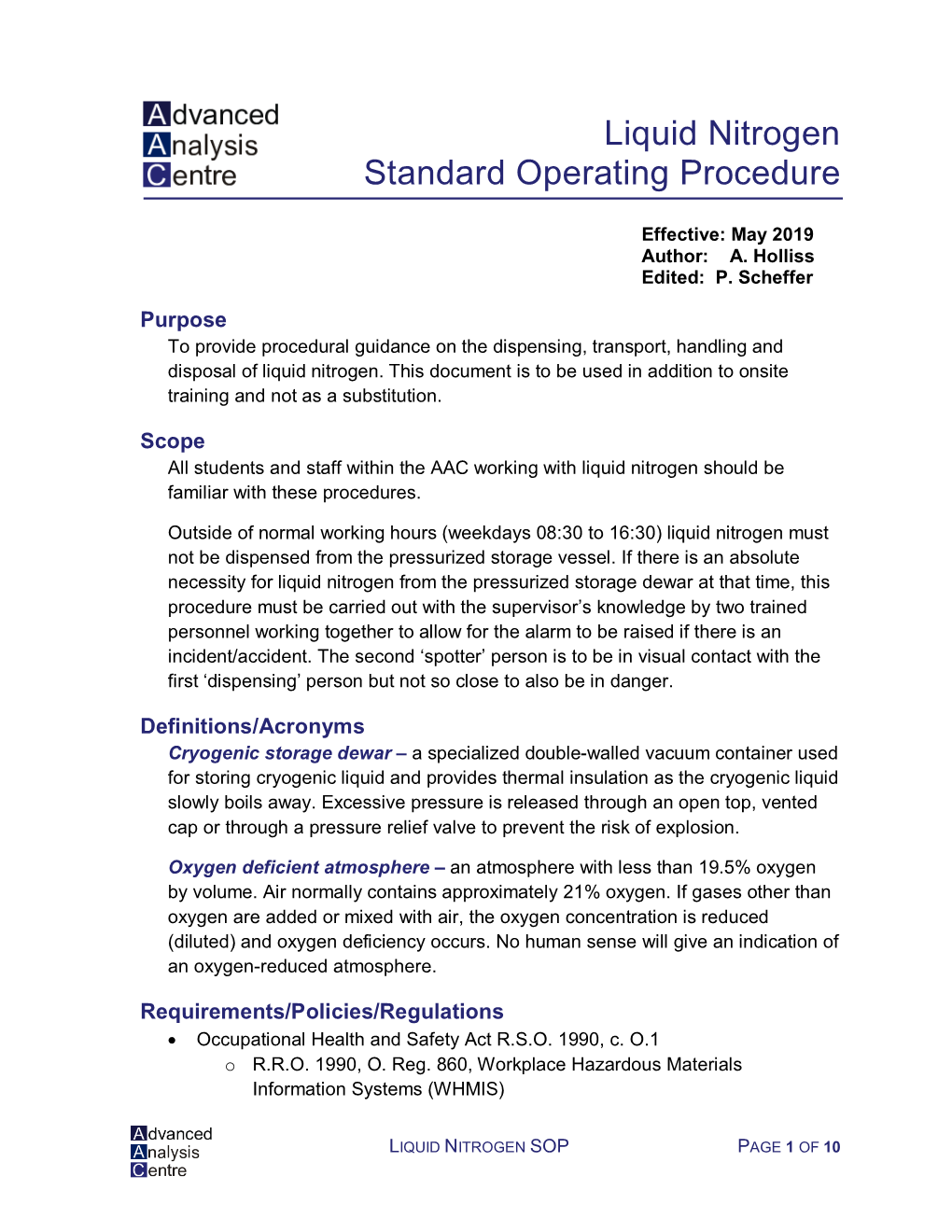 Liquid Nitrogen Standard Operating Procedure