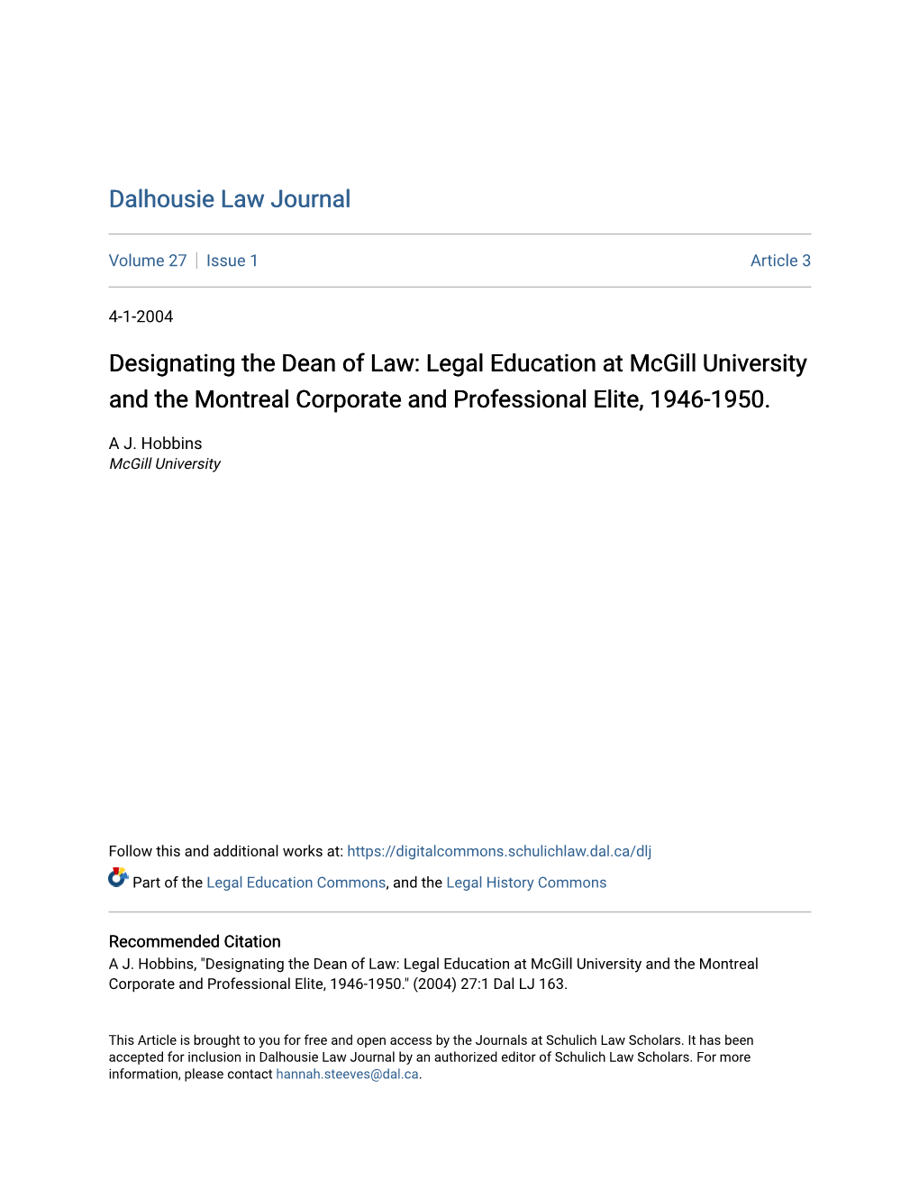 Designating the Dean of Law: Legal Education at Mcgill University and the Montreal Corporate and Professional Elite, 1946-1950