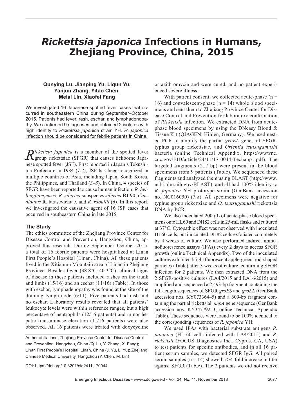 Rickettsia Japonica Infections in Humans, Zhejiang Province, China, 2015