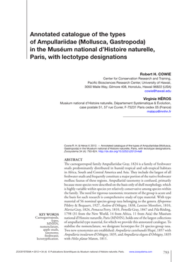 Annotated Catalogue of the Types of Ampullariidae (Mollusca, Gastropoda) in the Muséum National D'histoire Naturelle, Paris