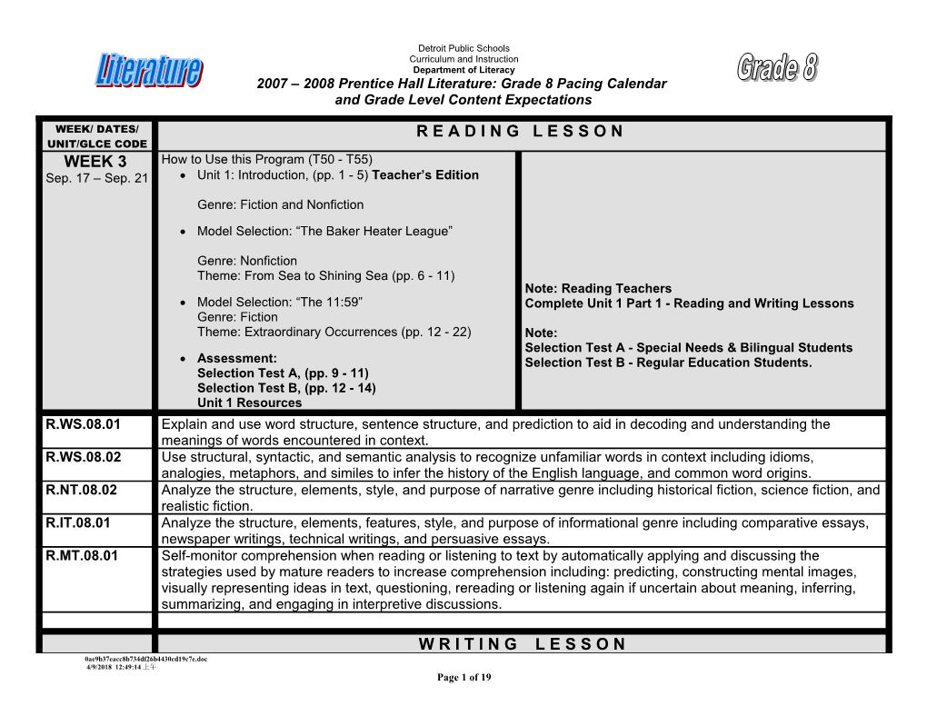 2007 2008 Prentice Hall Literature: Grade 8 Pacing Calendar