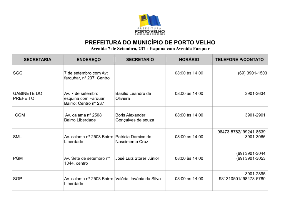 PREFEITURA DO MUNICÍPIO DE PORTO VELHO Avenida 7 De Setembro, 237 - Esquina Com Avenida Farquar