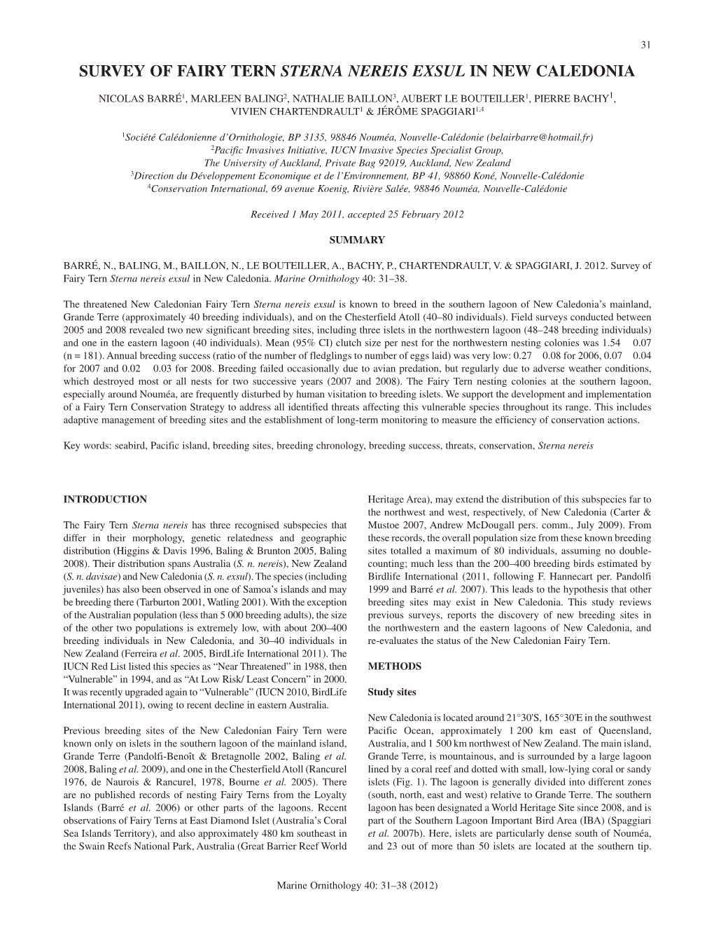 Survey of Fairy Tern Sterna Nereis Exsul in New Caledonia