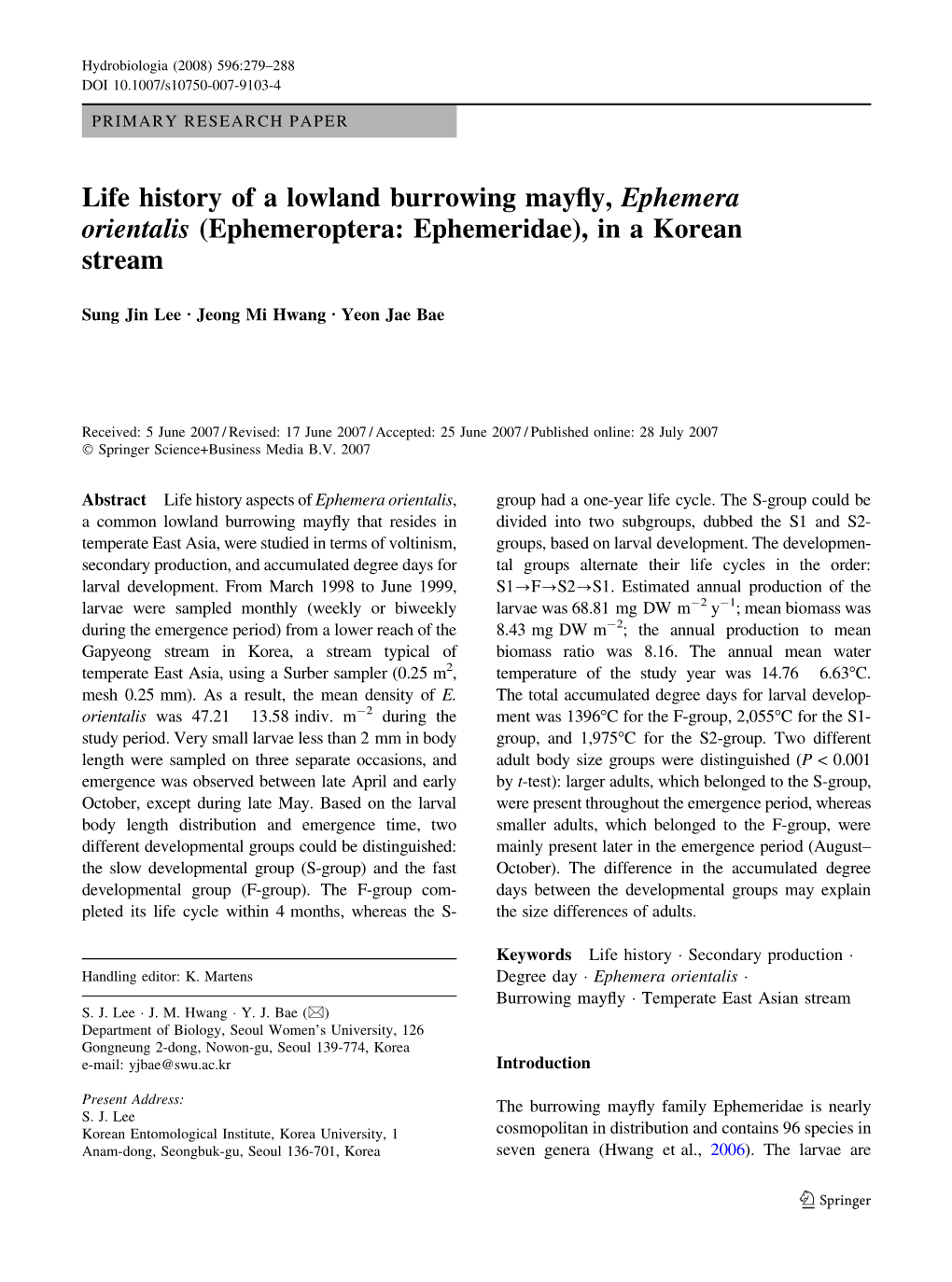 Life History of a Lowland Burrowing Mayfly, Ephemera Orientalis