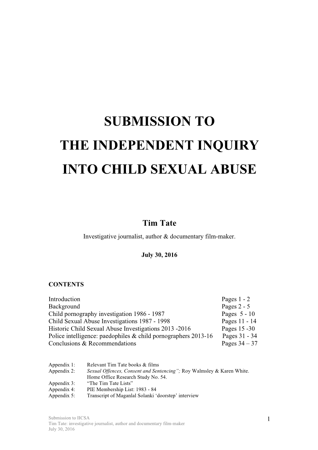 Submission to the Independent Inquiry Into Child Sexual Abuse