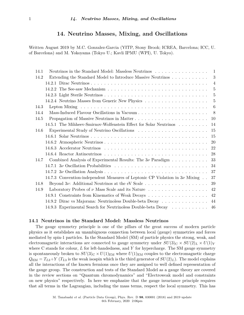 14. Neutrino Masses, Mixing, and Oscillations