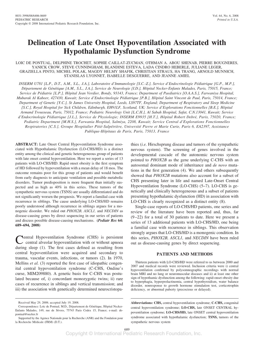 Delineation of Late Onset Hypoventilation Associated with Hypothalamic Dysfunction Syndrome