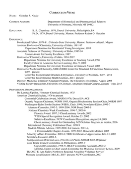 NAME: Nicholas R. Natale Department of Biomedical and Pharmaceutical Sciences University of Montana, Missoula MT 59812 BS