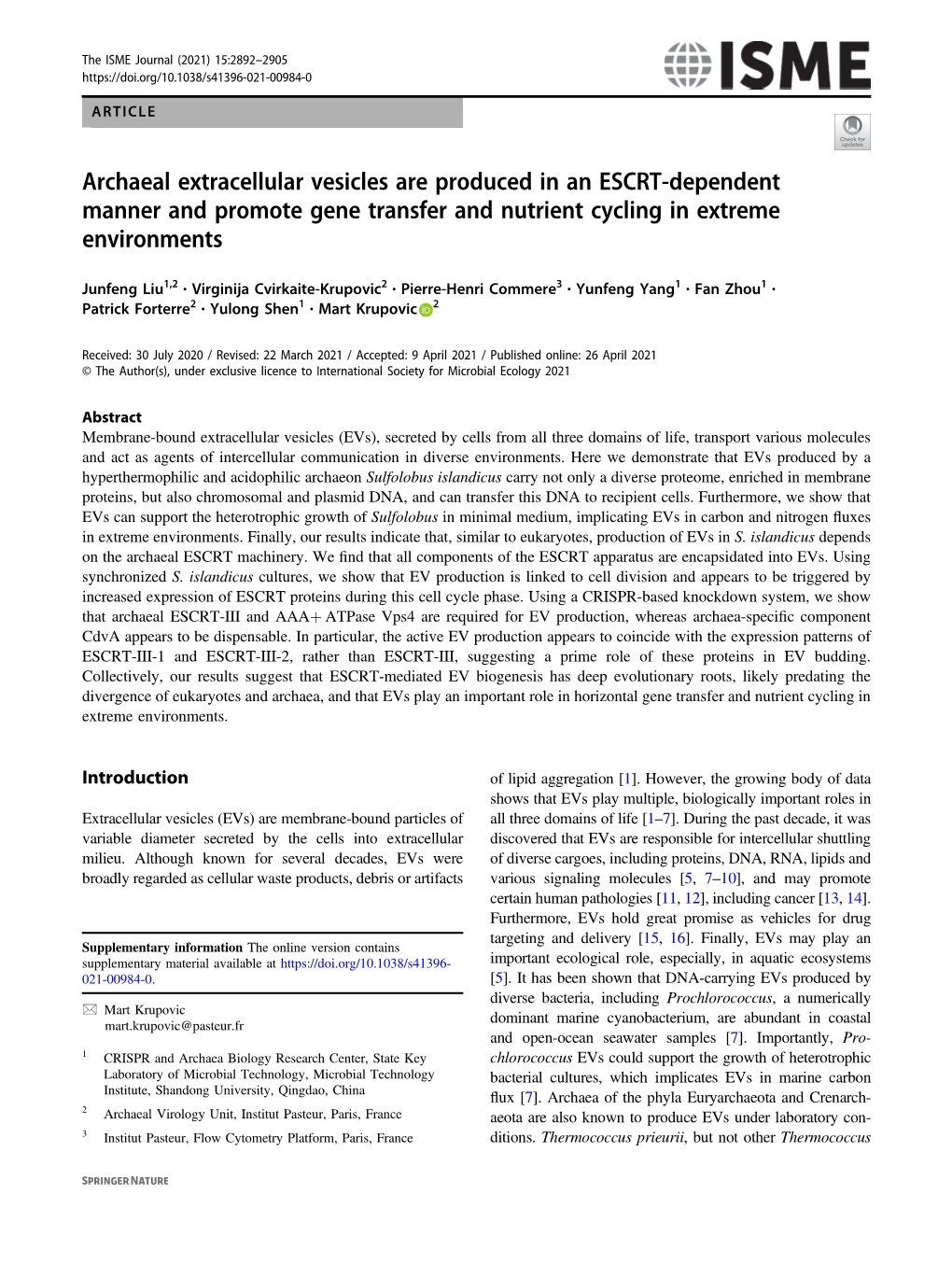 Archaeal Extracellular Vesicles Are Produced in an ESCRT-Dependent Manner and Promote Gene Transfer and Nutrient Cycling in Extreme Environments