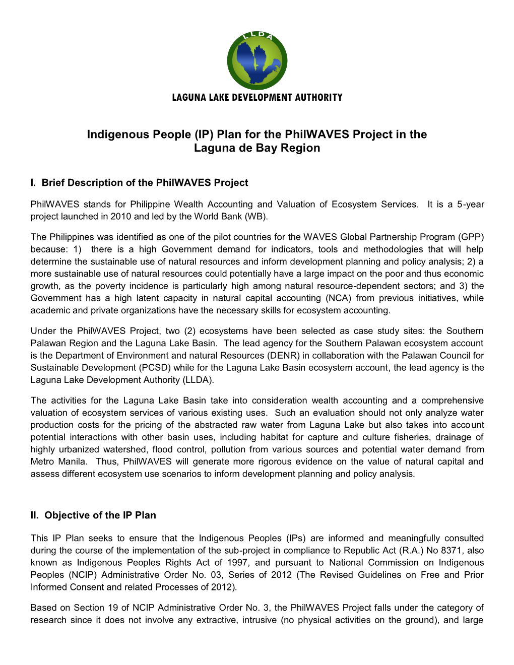 Indigenous People (IP) Plan for the Philwaves Project in the Laguna De Bay Region