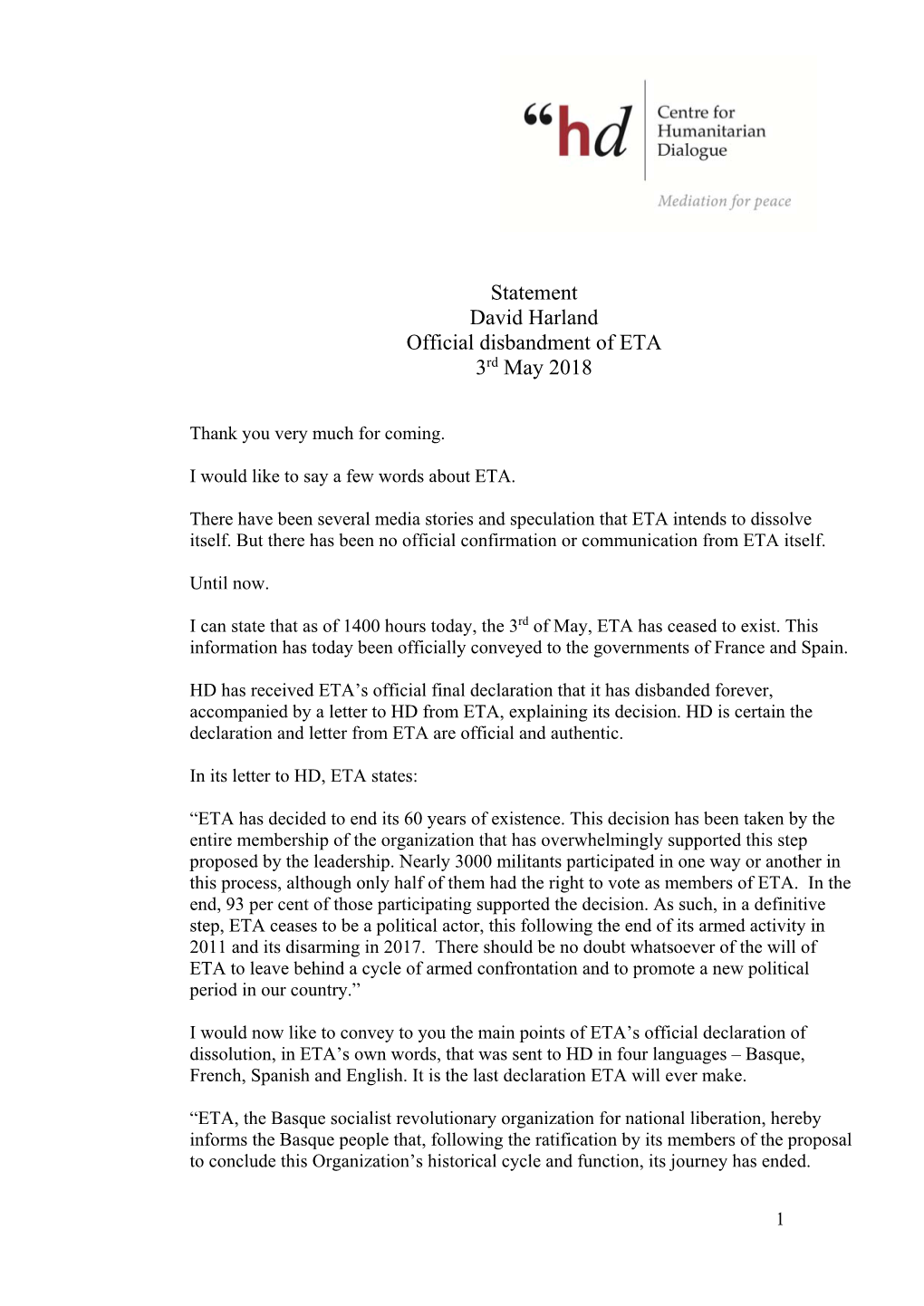 Statement David Harland Official Disbandment of ETA 3Rd May 2018