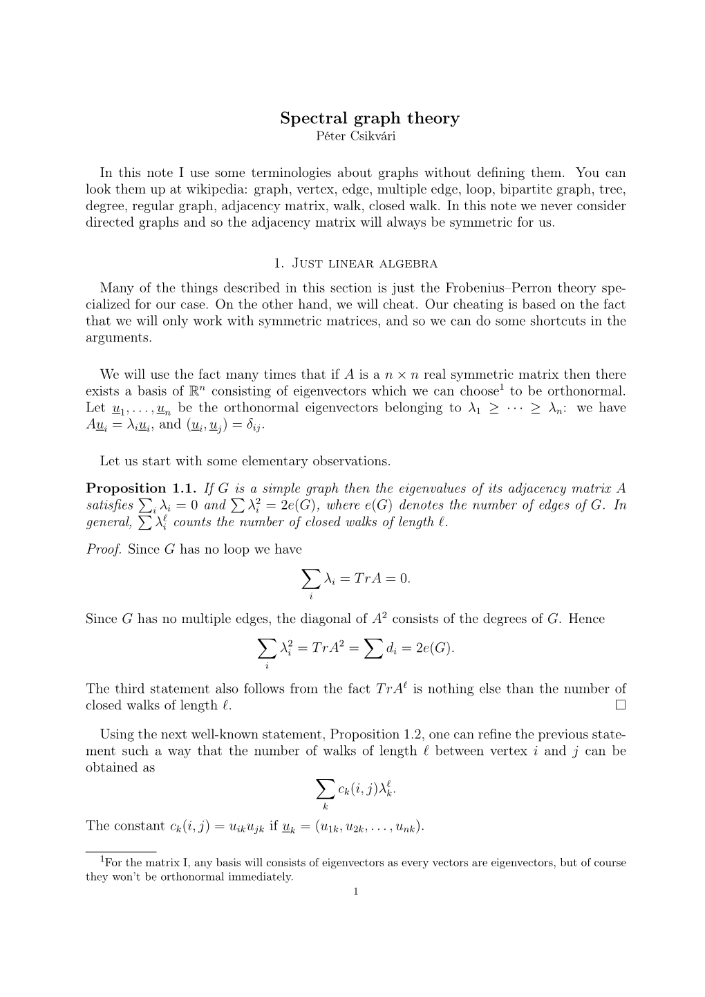 Spectral Graph Theory Péter Csikvári