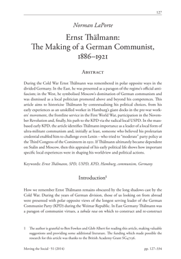 Ernst Thälmann: the Making of a German Ernst Thälmann: Communist, 1886-1921 the Making of a German Communist, 1886–1921