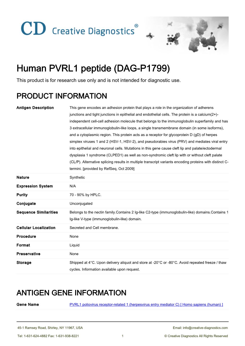 Human PVRL1 Peptide (DAG-P1799) This Product Is for Research Use Only and Is Not Intended for Diagnostic Use