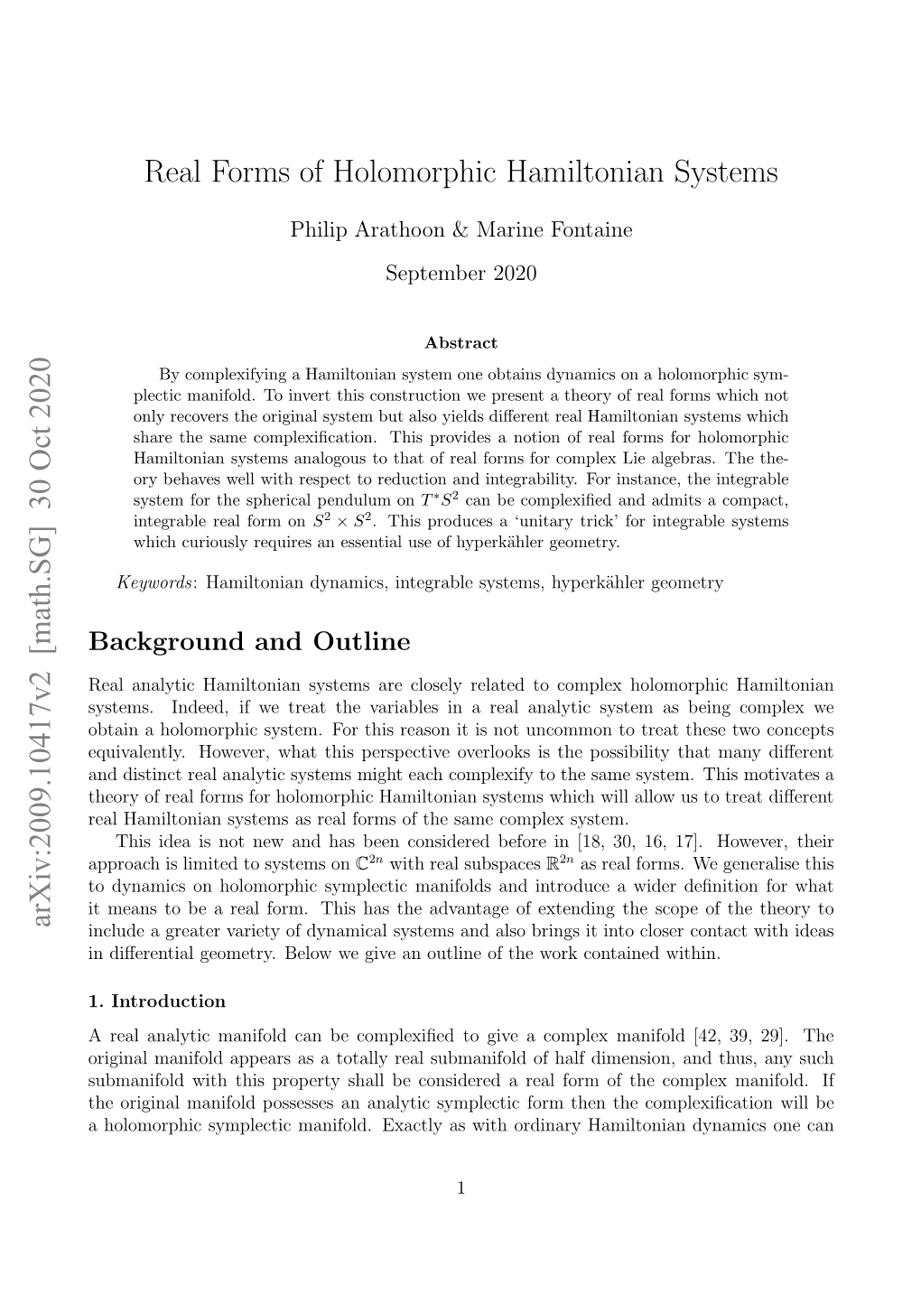 [Math.SG] 30 Oct 2020 Real Forms of Holomorphic Hamiltonian Systems