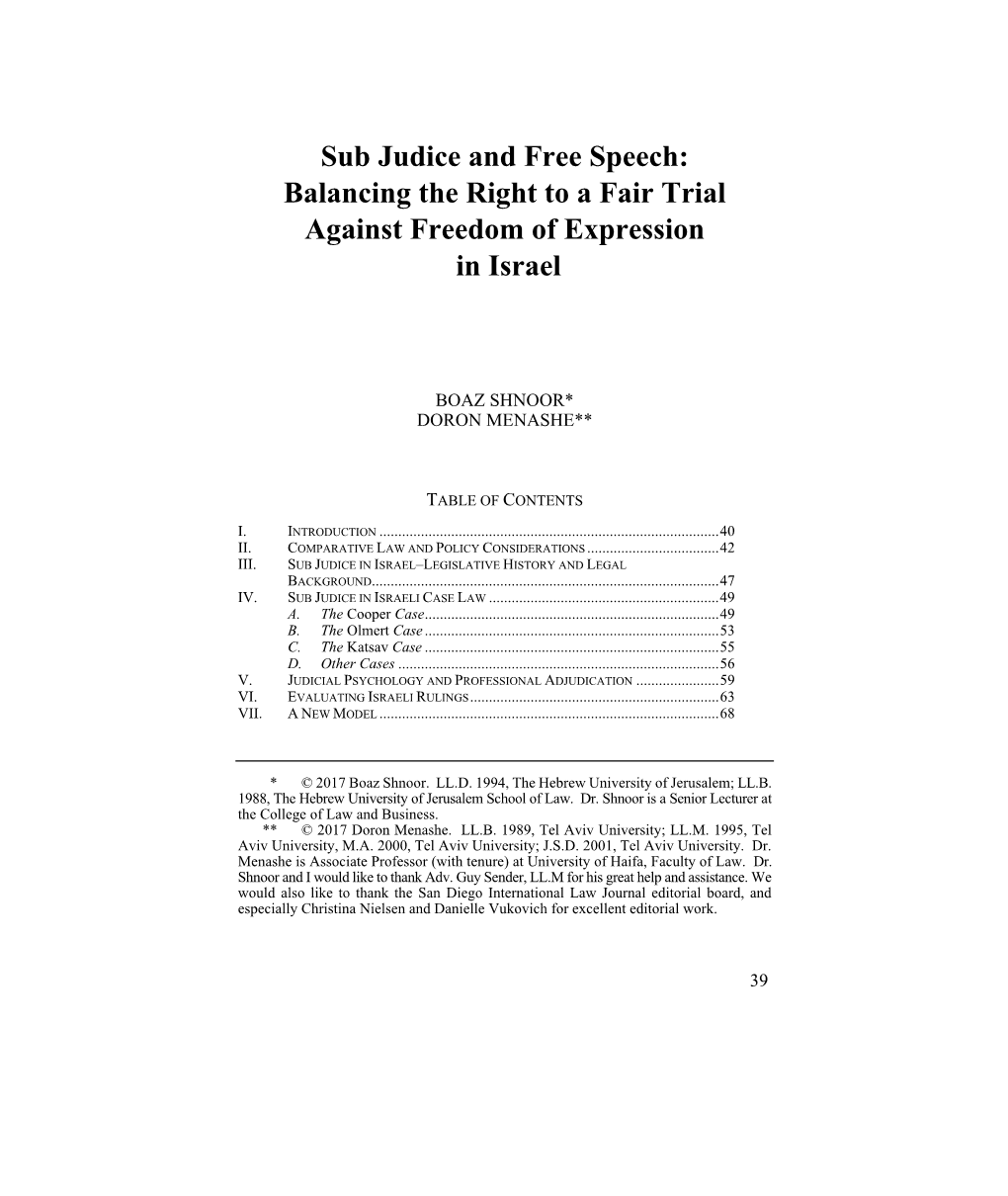 Sub Judice and Free Speech: Balancing the Right to a Fair Trial Against Freedom of Expression in Israel