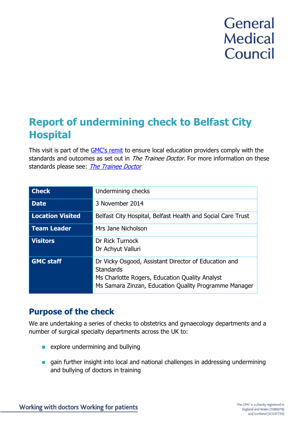 Report of Undermining Check to Belfast City Hospital