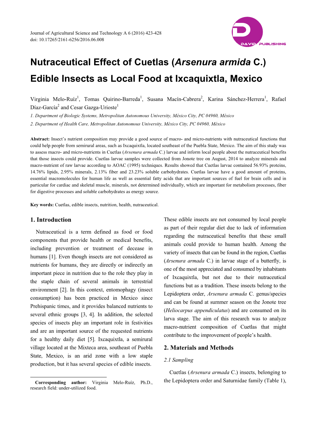 Nutraceutical Effect of Cuetlas (Arsenura Armida C.) Edible Insects As Local Food at Ixcaquixtla, Mexico