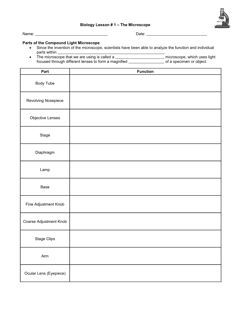 Biology Lesson # 1 the Microscope