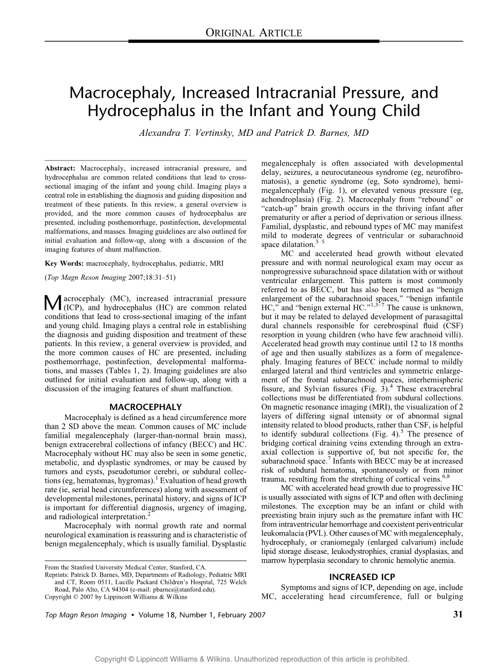 Macrocephaly, Increased Intracranial Pressure, and Hydrocephalus in the Infant and Young Child Alexandra T