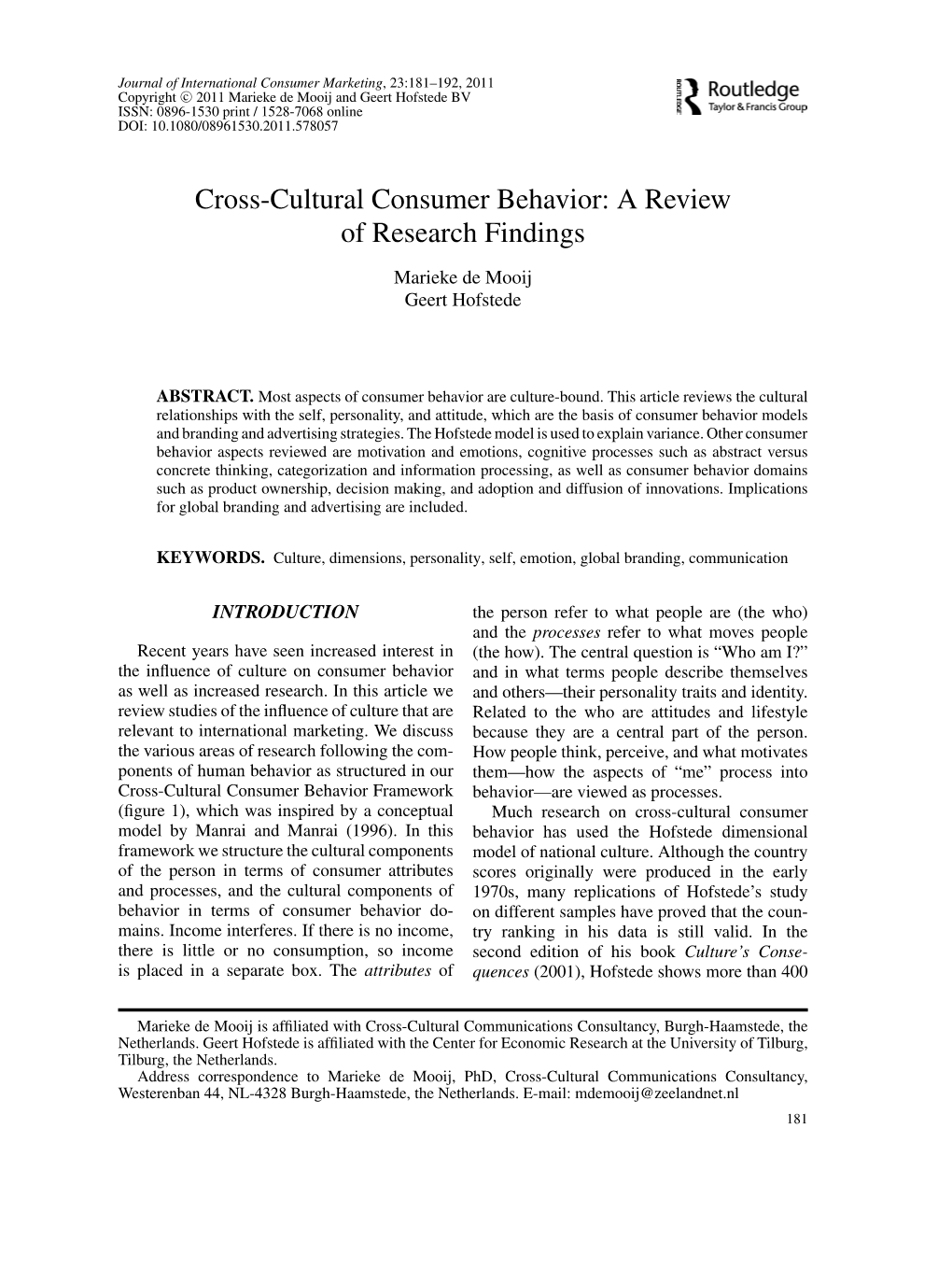 Cross-Cultural Consumer Behavior: a Review of Research Findings