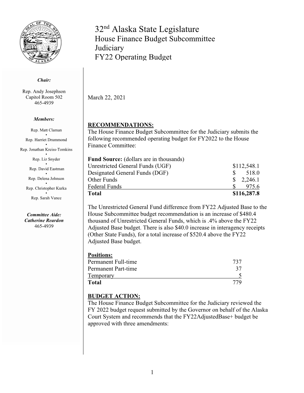 32Nd Alaska State Legislature House Finance Budget Subcommittee Judiciary FY22 Operating Budget