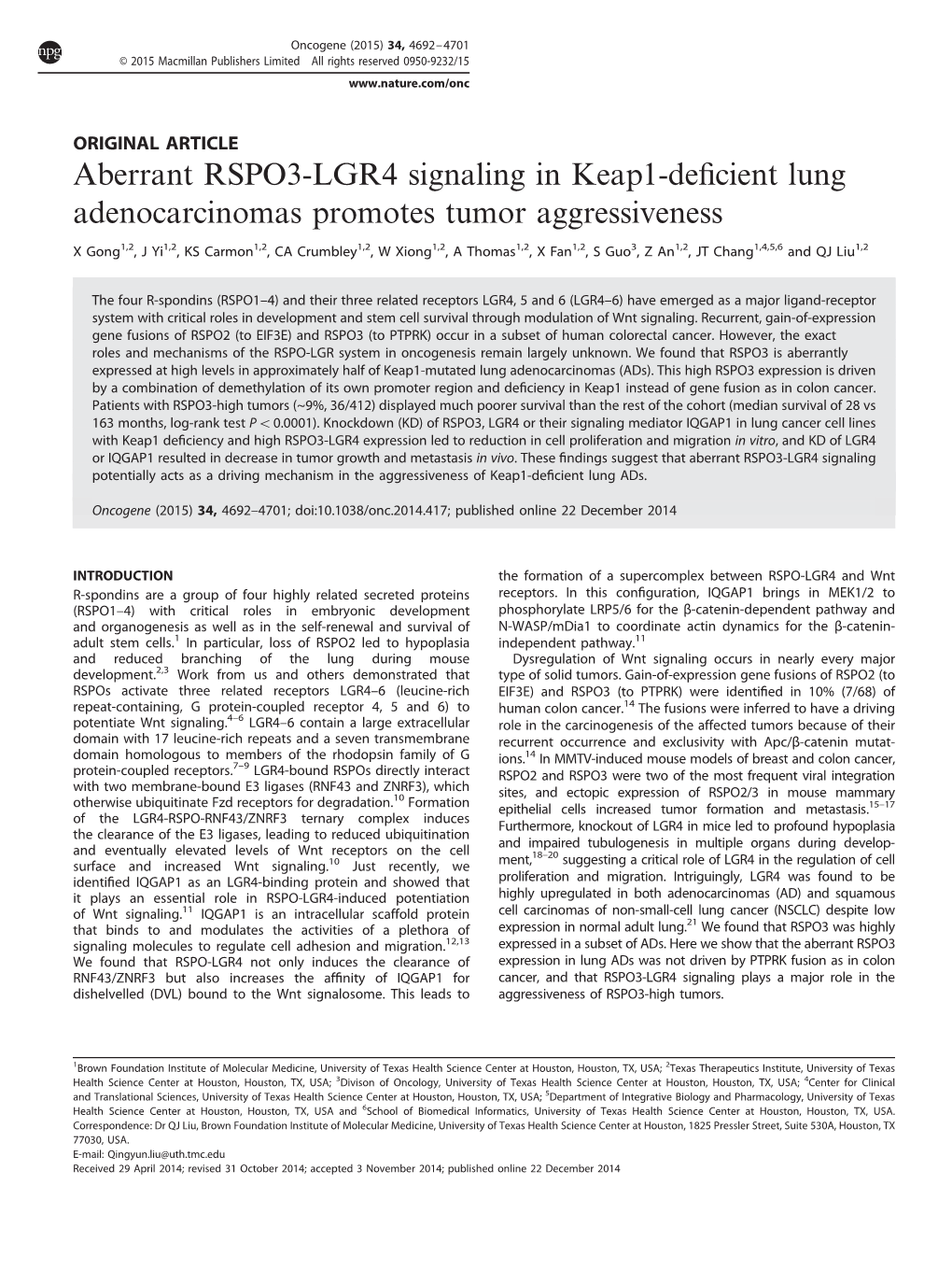 Aberrant RSPO3-LGR4 Signaling in Keap1-Deficient Lung