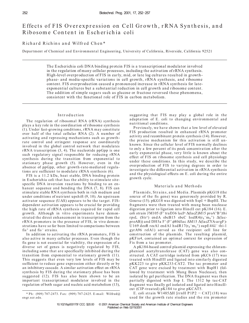 Effects of FIS Overexpression on Cell Growth, Rrna Synthesis, and Ribosome Content in Escherichia Coli