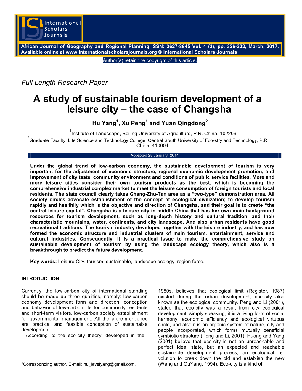 A Study of Sustainable Tourism Development of a Leisure City – the Case of Changsha