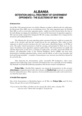 Albania Detention and Ill-Treatment of Government Opponents - the Elections of May 1996