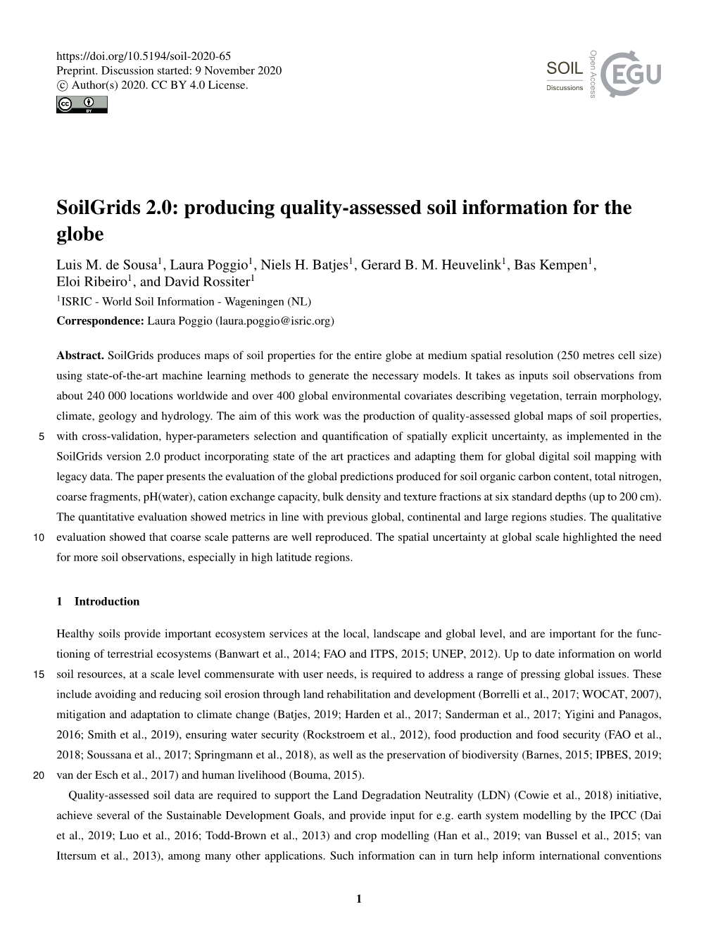 Soilgrids 2.0: Producing Quality-Assessed Soil Information for the Globe Luis M