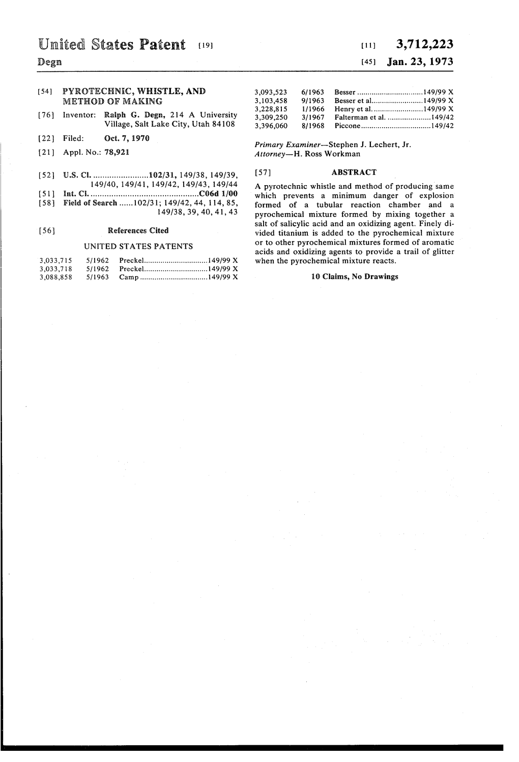 United States Patent (19) (11 3,712,223 Degn (45) Jan