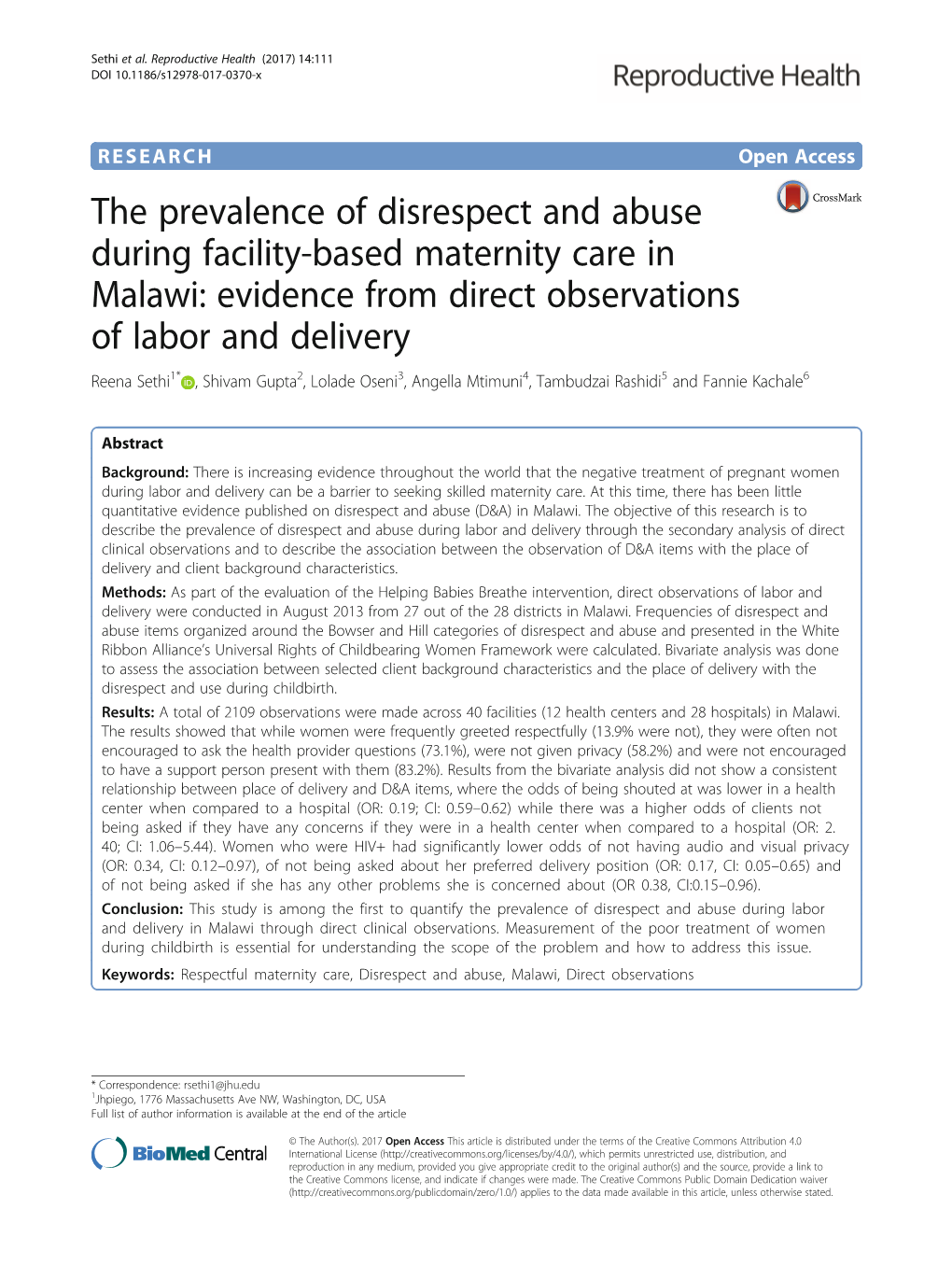 The Prevalence of Disrespect and Abuse During Facility-Based