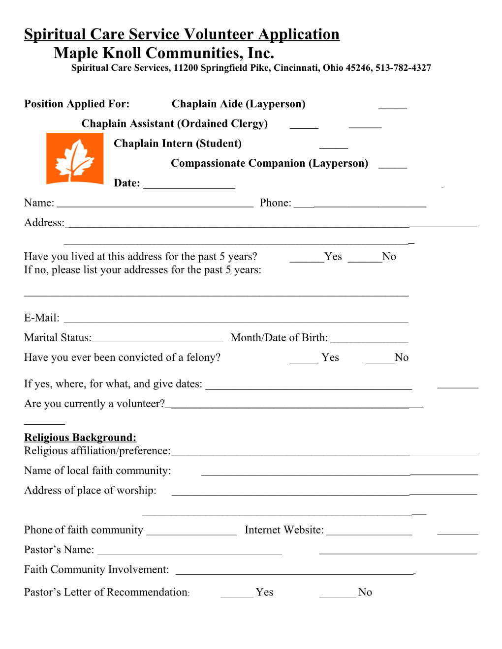 Spiritual Care Service Volunteer Application