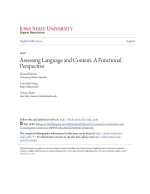 Assessing Language and Content: a Functional Perspective Bernard Mohan University of British Columbia