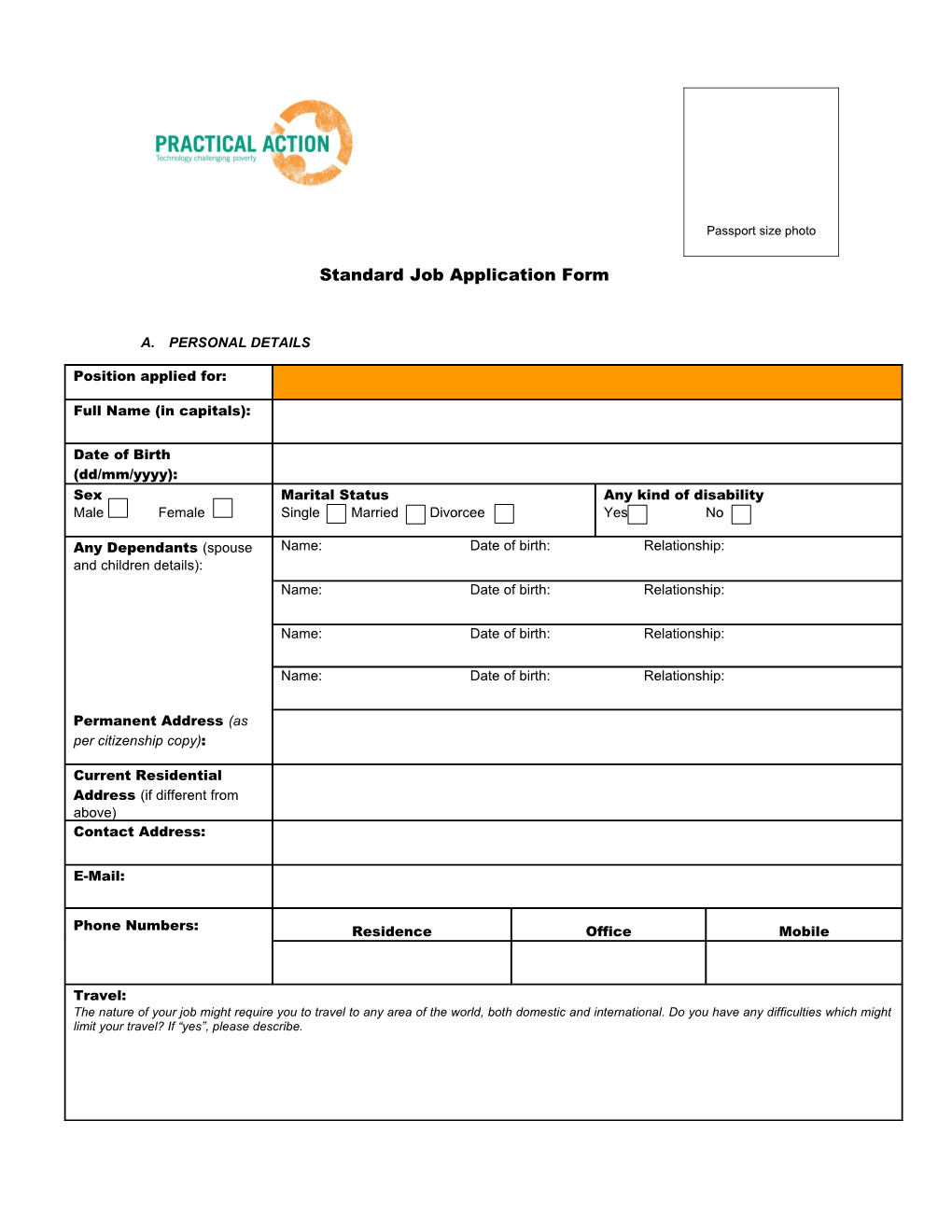 Standard Job Application Form