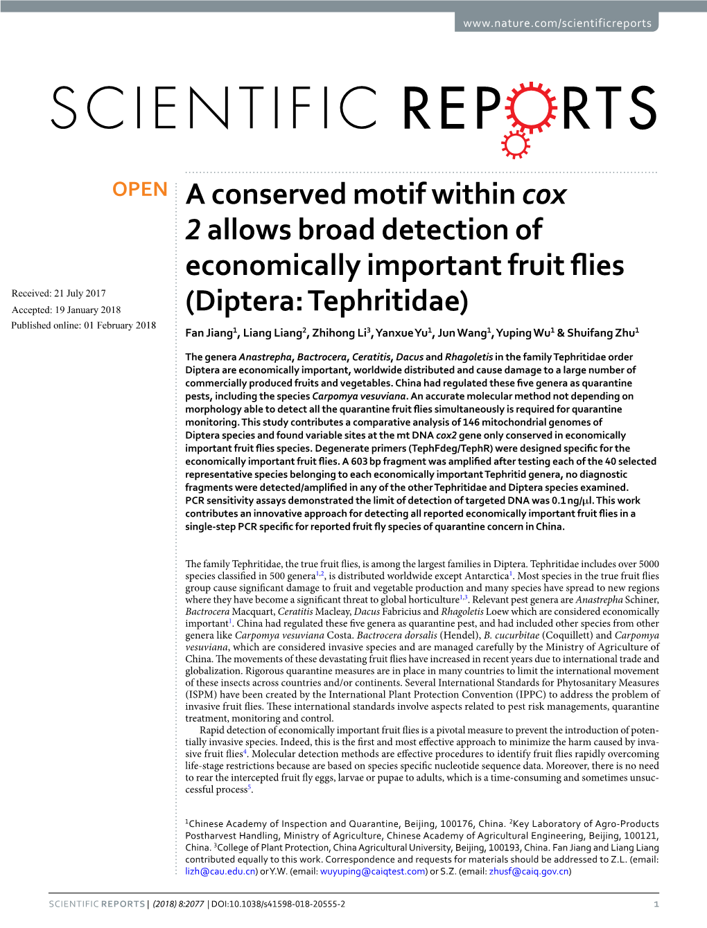 Diptera: Tephritidae) Published: Xx Xx Xxxx Fan Jiang1, Liang Liang2, Zhihong Li3, Yanxue Yu1, Jun Wang1, Yuping Wu1 & Shuifang Zhu1
