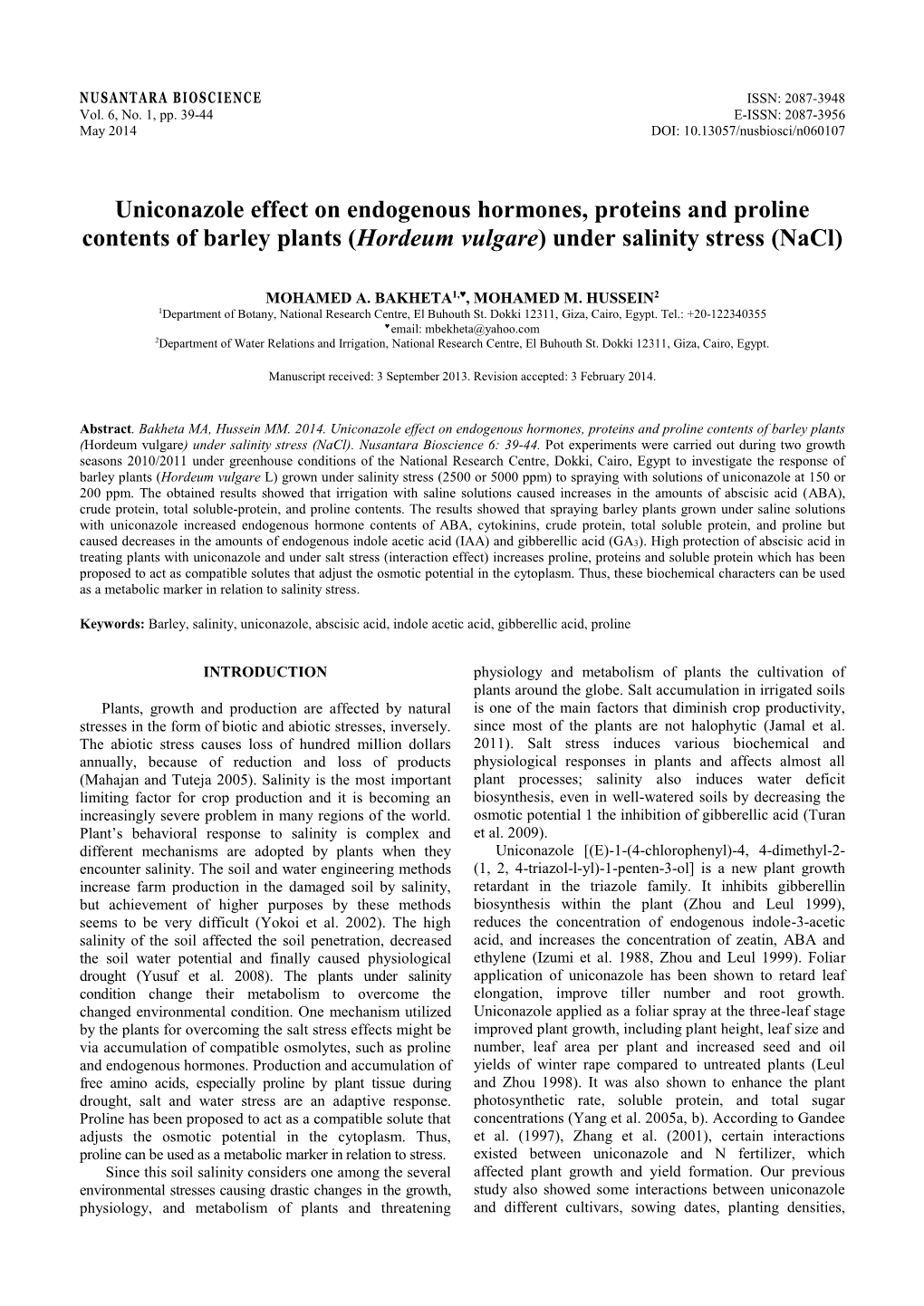 Uniconazole Effect on Endogenous Hormones, Proteins and Proline Contents of Barley Plants (Hordeum Vulgare) Under Salinity Stress (Nacl)