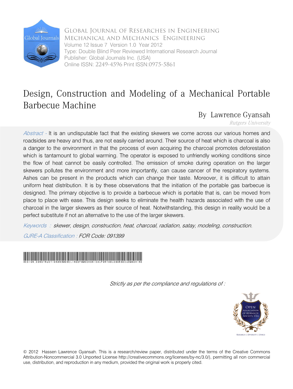 Design, Construction and Modeling of a Mechanical Portable Barbecue