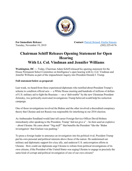 Chairman Schiff Releases Opening Statement for Open Hearing with Lt