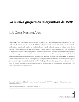 La Música Grupera En La Coyuntura De 1990 Luis Omar Montoya Arias Desde La Historia 5•2016•Revista Anual Del CINAV-ESAY